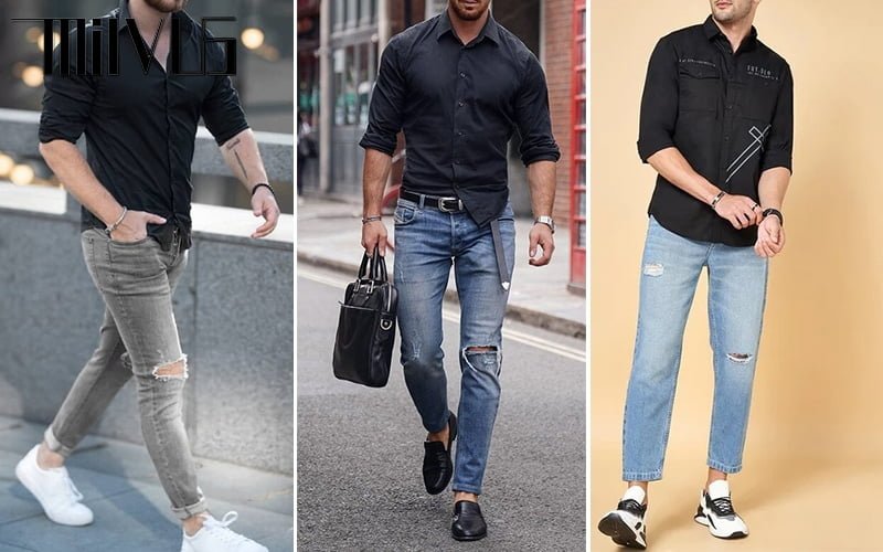 Phối đồ sơ mi đen với quần jean đơn giản