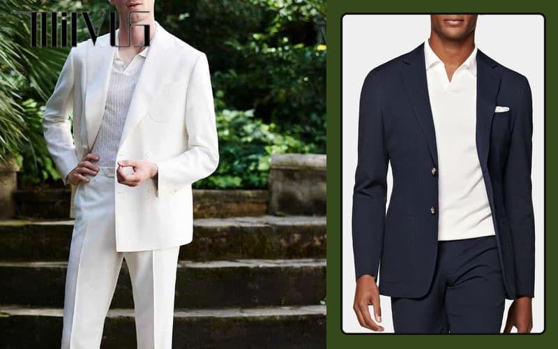 Phối đồ với áo polo trắng và suit tạo nên outfit đẳng cấp