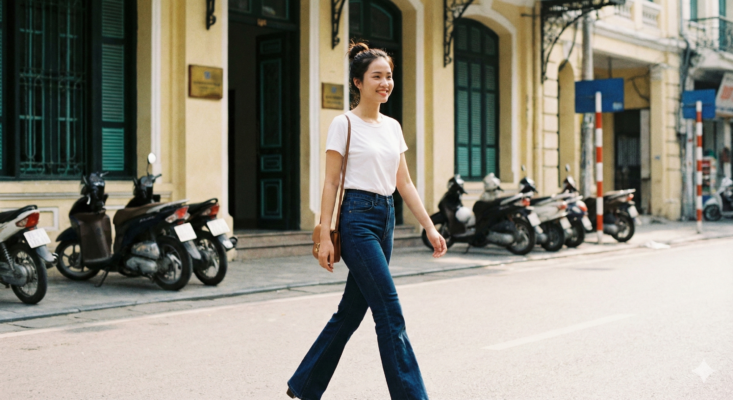 Cách phối đồ với quần ống loe sành điệu cùng với áo thun cotton