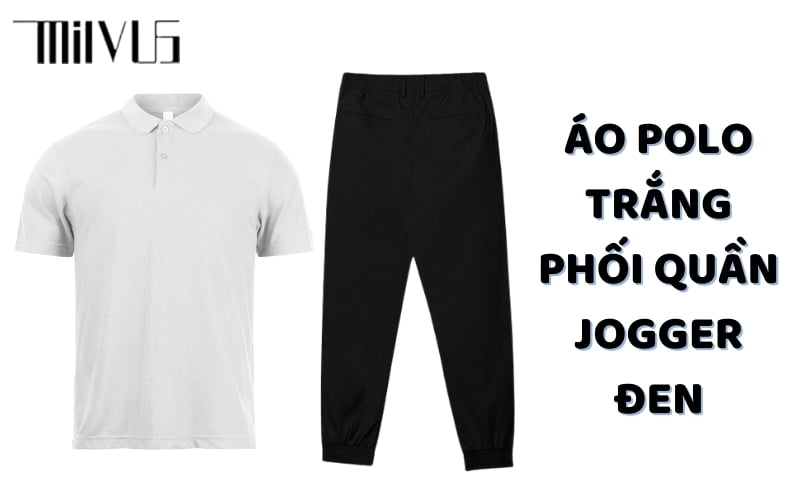 Áo polo trắng phối quần jogger đen