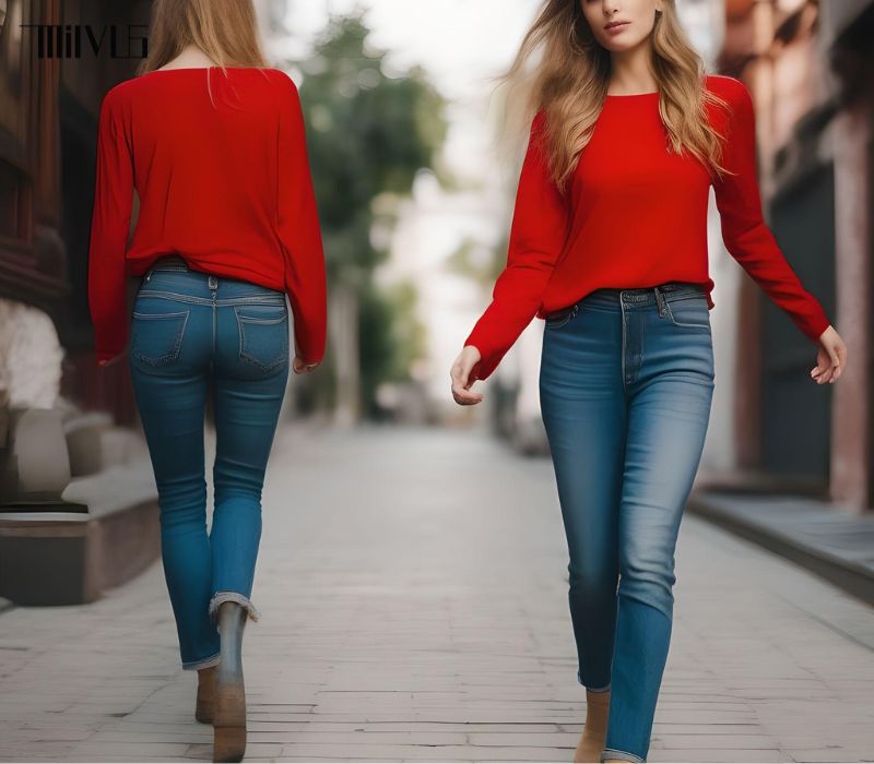 Quần jean xanh phối với áo thun màu đỏ