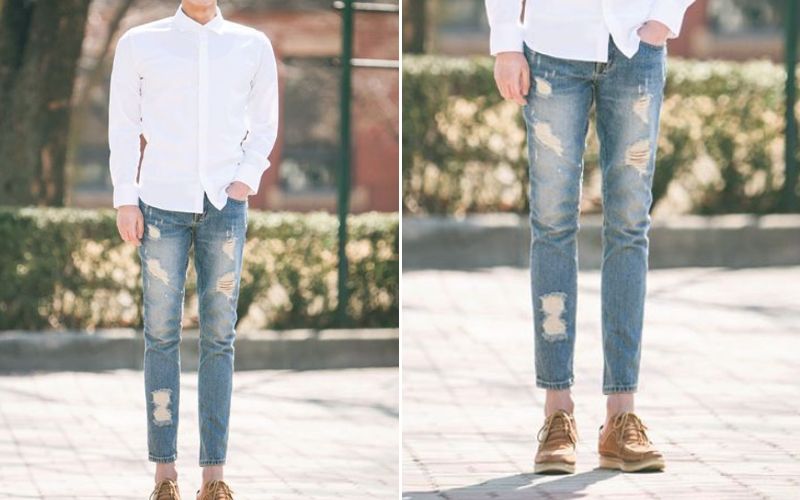 Phân loại các kiểu dáng quần jean và áo sơ mi trắng