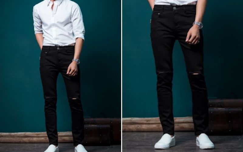 Quần jeans đen slimfit phối áo sơ mi trắng
