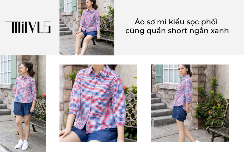 Áo sơ mi kiểu sọc phối cùng quần short ngắn xanh