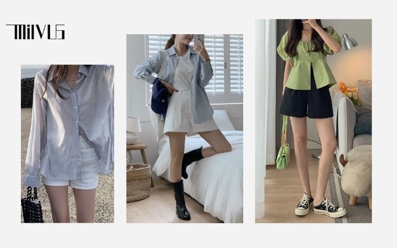 phối áo sơ mi với quần short nữ