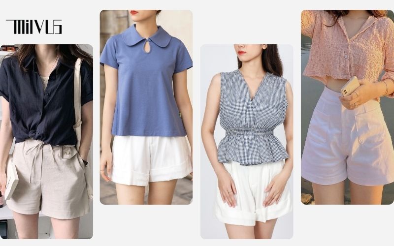 phối áo sơ mi với quần short nữ