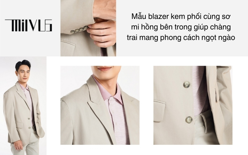 Mẫu blazer kem phối cùng sơ mi hồng bên trong giúp chàng trai mang phong cách ngọt ngào