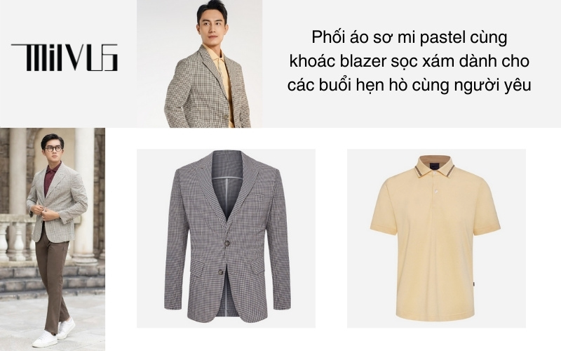 Phối áo sơ mi pastel cùng khoác blazer sọc xám dành cho các buổi hẹn hò cùng người yêu