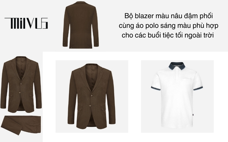 Bộ blazer màu nâu đậm phối cùng áo polo sáng màu phù hợp cho các buổi tiệc tối ngoài trời 