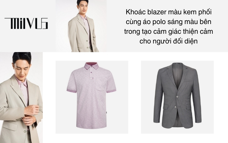 Khoác blazer màu kem phối cùng áo polo sáng màu bên trong tạo cảm giác thiện cảm cho người đối diện