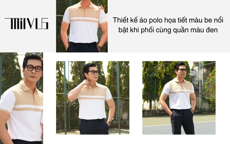 Thiết kế áo polo họa tiết màu be nổi bật khi phối cùng quần màu đen