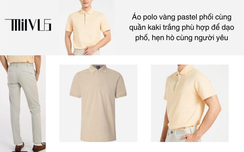 Áo polo vàng pastel phối cùng quần kaki trắng phù hợp để dạo phố, hẹn hò cùng người yêu