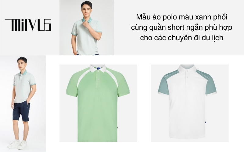 Mẫu áo polo màu xanh phối cùng quần short ngắn phù hợp cho các chuyến đi du lịch