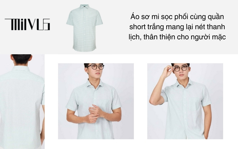 Áo sơ mi ngắn tay phối với quần short màu xanh dành cho các buổi đi du lịch biển