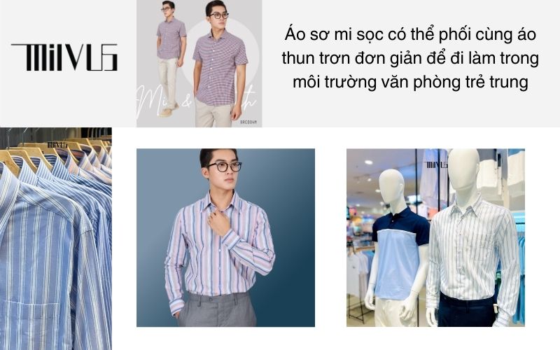 Áo sơ mi sọc có thể phối cùng áo thun trơn đơn giản để đi làm trong môi trường văn phòng trẻ trung