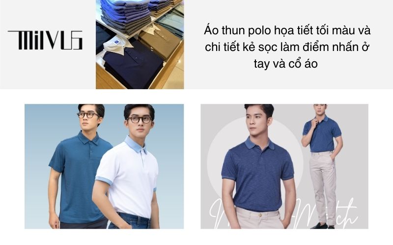 Áo thun polo họa tiết tối màu và chi tiết kẻ sọc làm điểm nhấn ở tay và cổ áo 