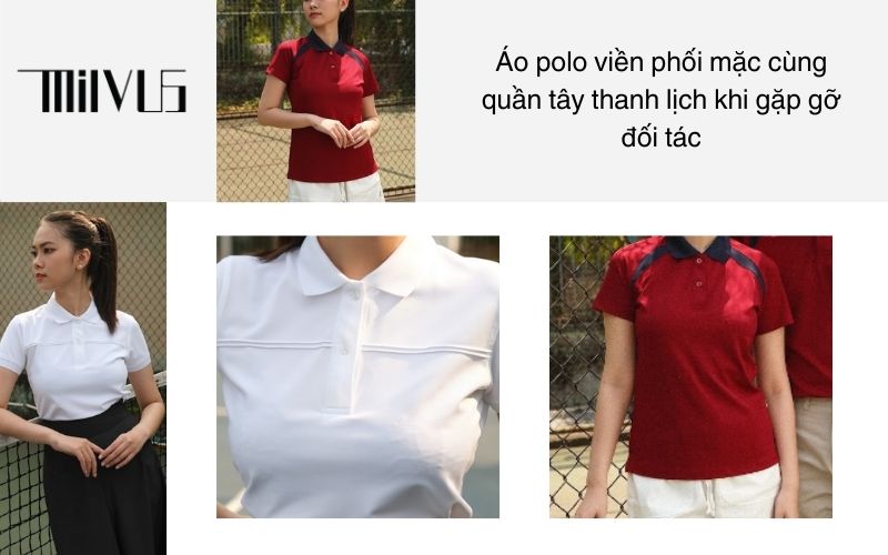 Áo polo viền phối mặc cùng quần tây thanh lịch khi gặp gỡ đối tác