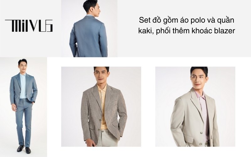 Set đồ gồm áo polo và quần kaki, phối thêm khoác blazer