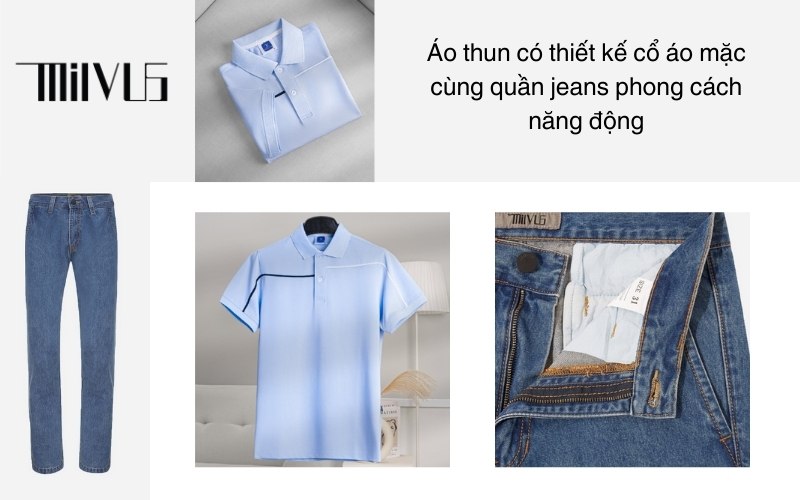 Áo thun có thiết kế cổ áo mặc cùng quần jeans phong cách năng động