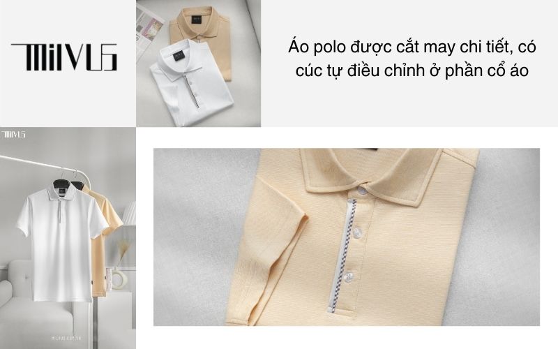 Áo polo được cắt may chi tiết, có cúc tự điều chỉnh ở phần cổ áo