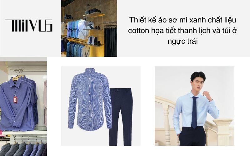 Thiết kế áo sơ mi xanh chất liệu cotton họa tiết thanh lịch và túi ở ngực trái