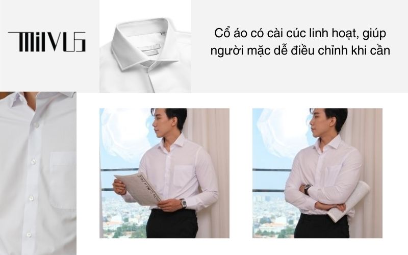 Cổ áo có cài cúc linh hoạt, giúp người mặc dễ điều chỉnh khi cần