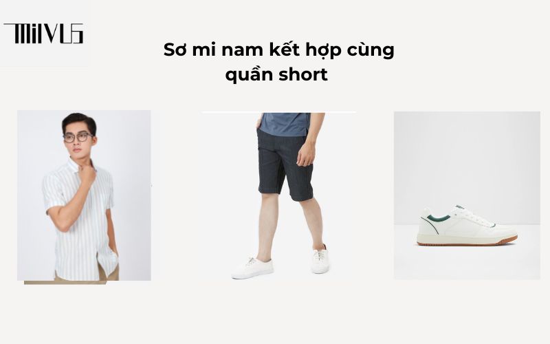 Quần short nam trẻ trung và áo sơ mi, giày thể thao