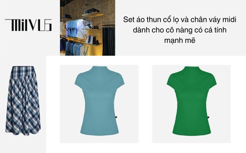 Set áo thun cổ lọ và chân váy midi dành cho cô nàng có cá tính mạnh mẽ