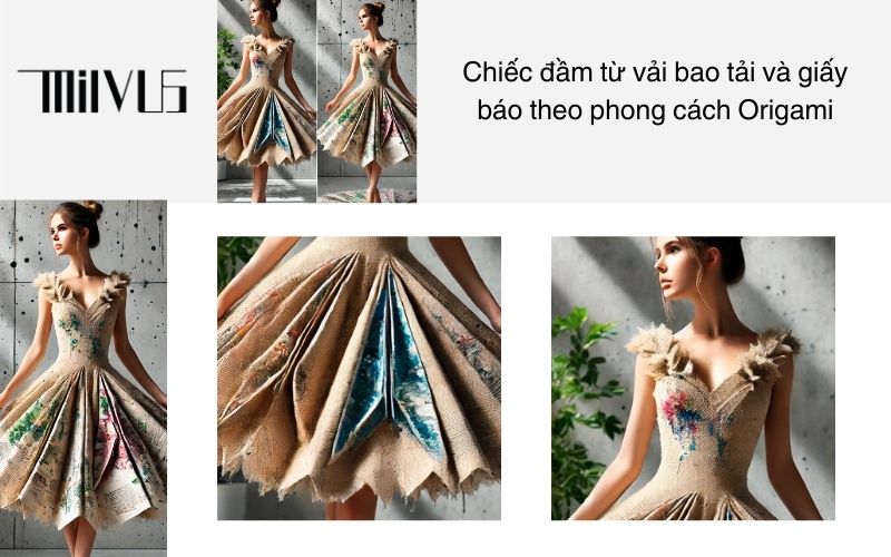 Chiếc đầm từ vải bao tải và giấy báo theo phong cách Origami