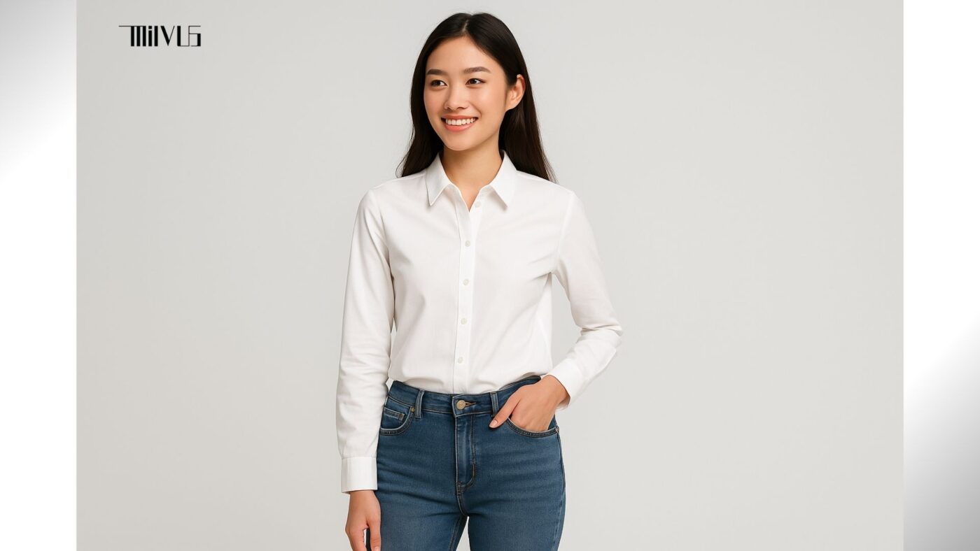Áo sơ mi trắng cho bạn gái phối cùng quần jeans