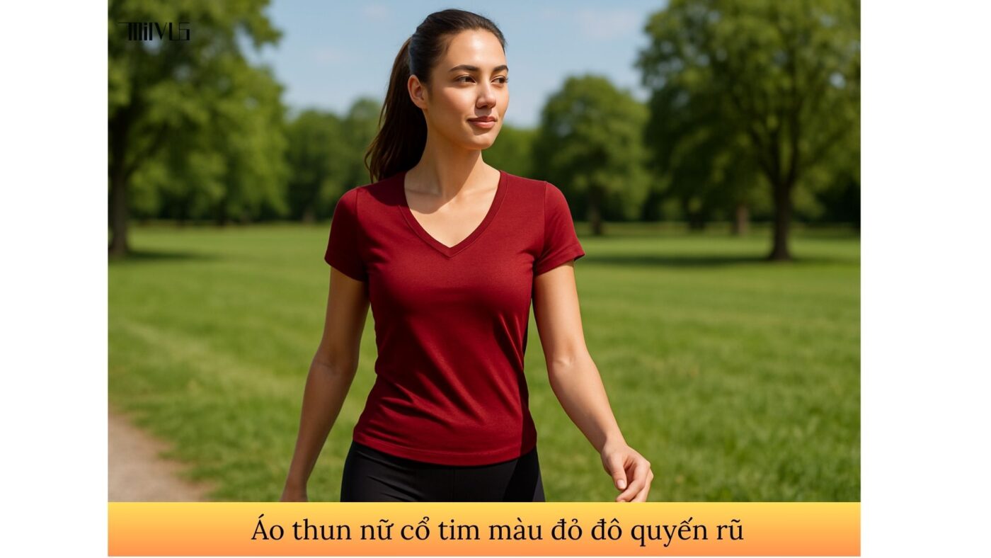 Áo thun nữ cổ tim màu đỏ đô quyến rũ
