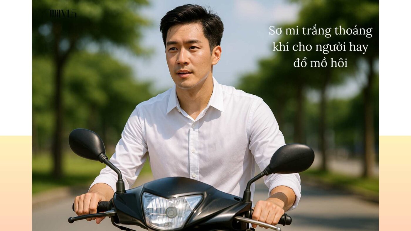 Áo sơ mi trắng cho người mặc đi xe máy nhiều – thoáng khí, mát mẻ, chống mồ hôi.
