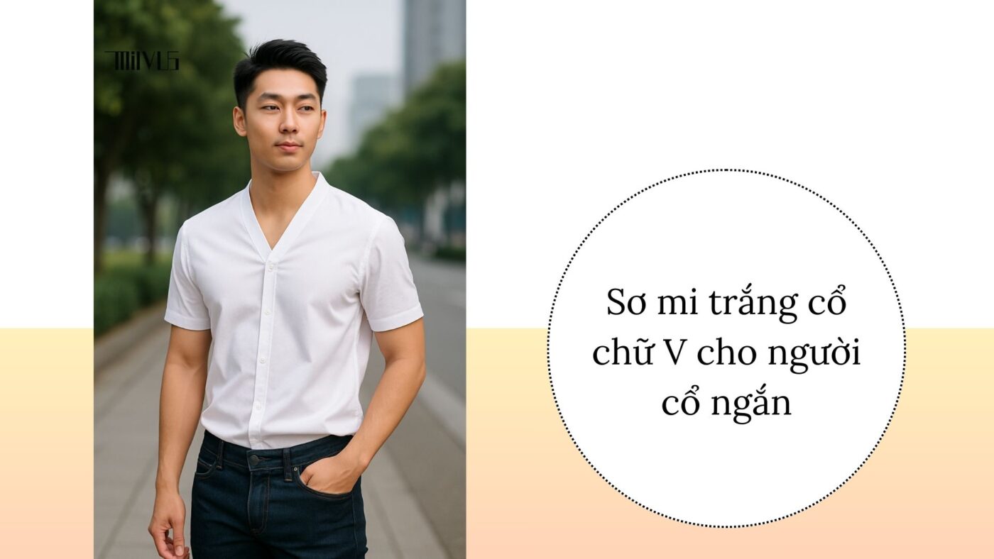 Áo sơ mi trắng cho người cổ ngắn cổ chữ V – thanh thoát, năng động.