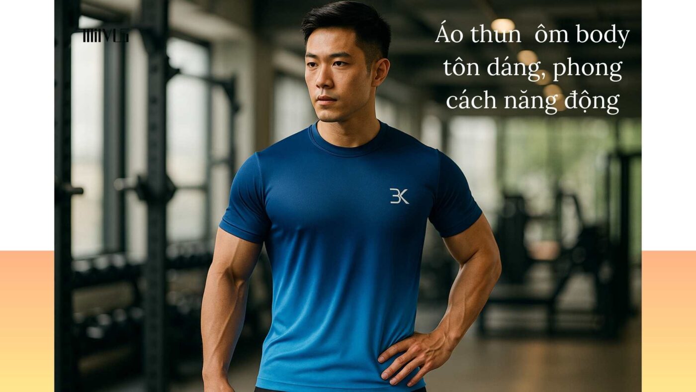 Người mẫu nam châu Á mặc áo thun thể thao xanh loang đậm nhạt trong phòng gym, thiết kế ôm body tôn dáng, phong cách năng động.