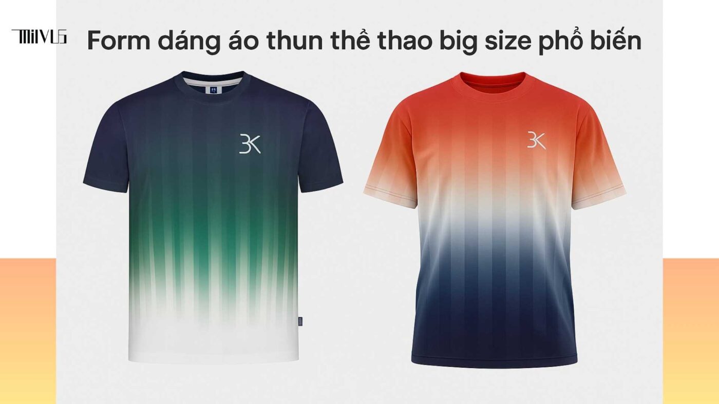 So sánh form dáng suông và oversize của áo thun thể thao cho người mặc big size với hai mẫu màu xanh lá – trắng và đỏ – trắng