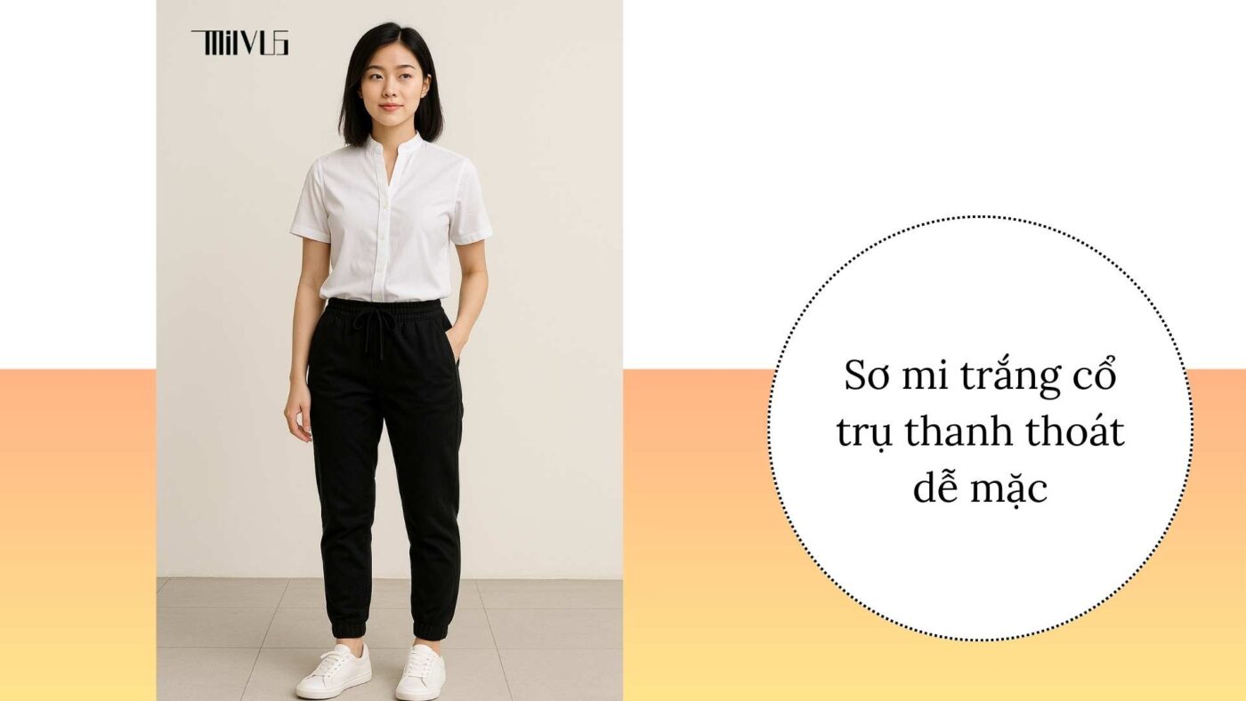Áo sơ mi trắng cho người cổ ngắn cổ trụ – tối giản, hiện đại.