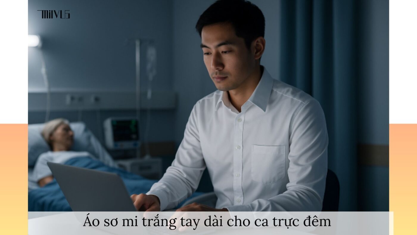 Áo sơ mi trắng tay dài cho y tá – giữ ấm, lịch sự trong ca trực đêm.