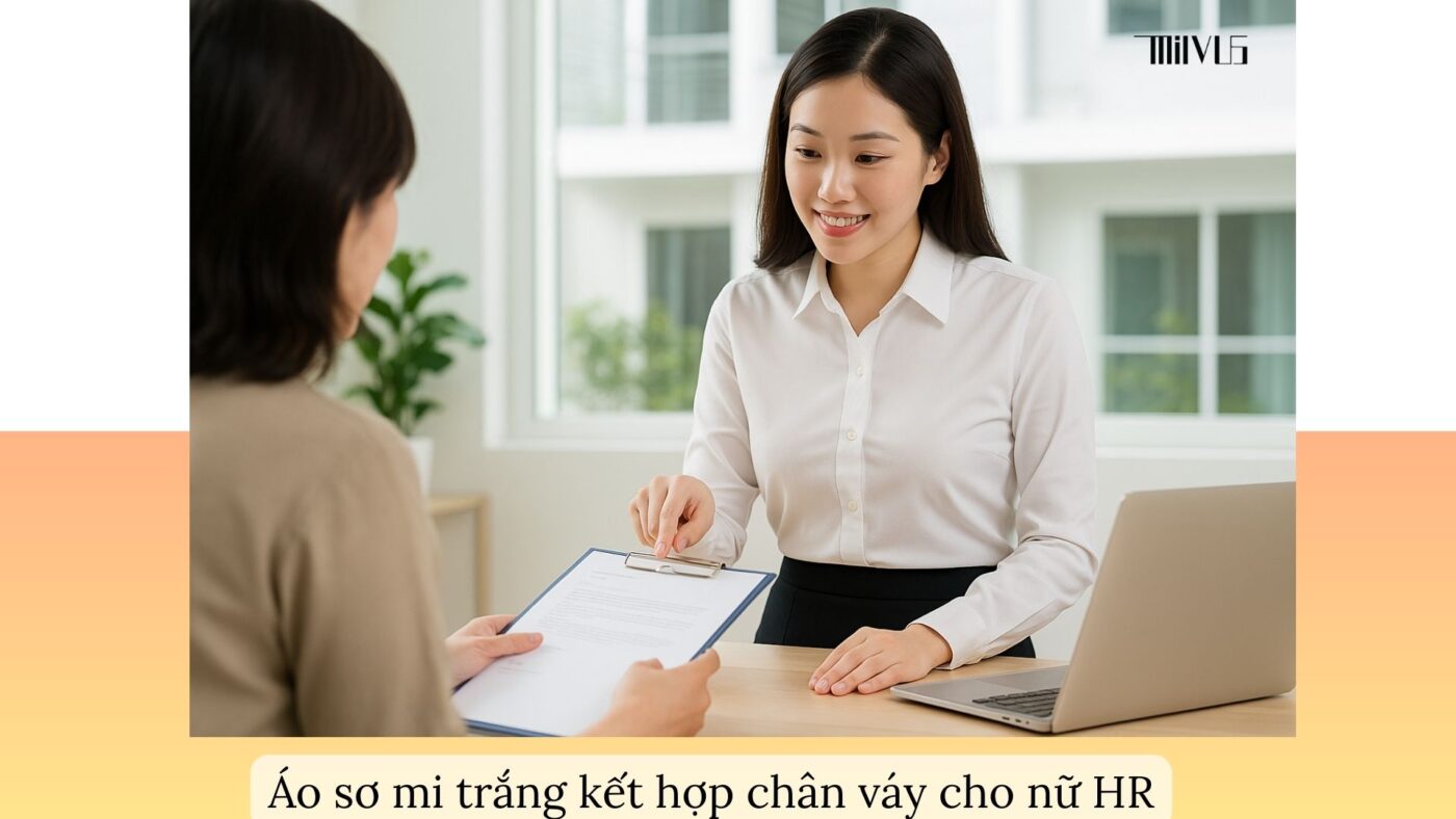 Áo sơ mi trắng cho nhân viên HR nữ – phối chân váy thanh lịch, chuyên nghiệp