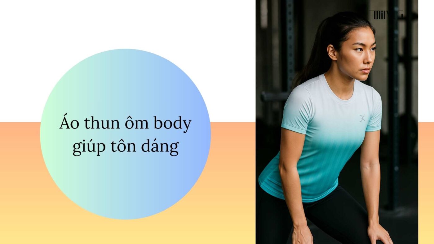 Người mẫu nữ châu Á mặc áo thun thể thao xanh trắng loang, dáng thể thao, tạo tư thế gập người trong phòng gym sáng, áo ôm body tôn dáng.