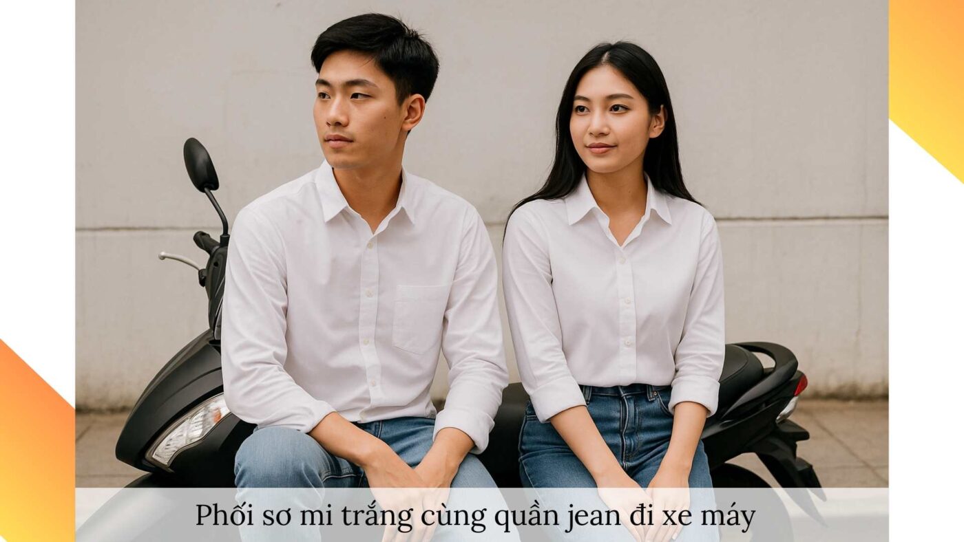 Áo sơ mi trắng cho người mặc đi xe máy nhiều – phối quần jean năng động, trẻ trung