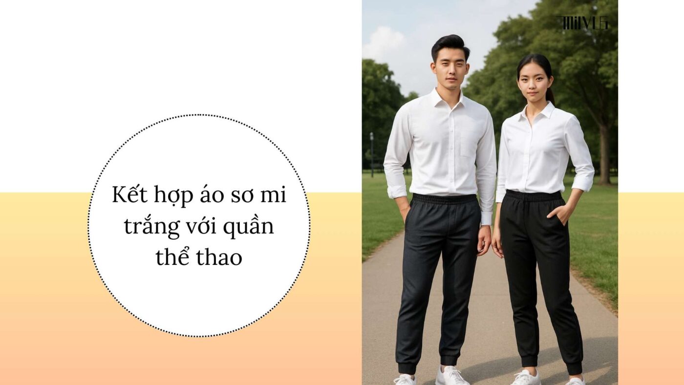 Áo sơ mi trắng cho người tay dài phối quần thể thao – năng động, tiện lợi.