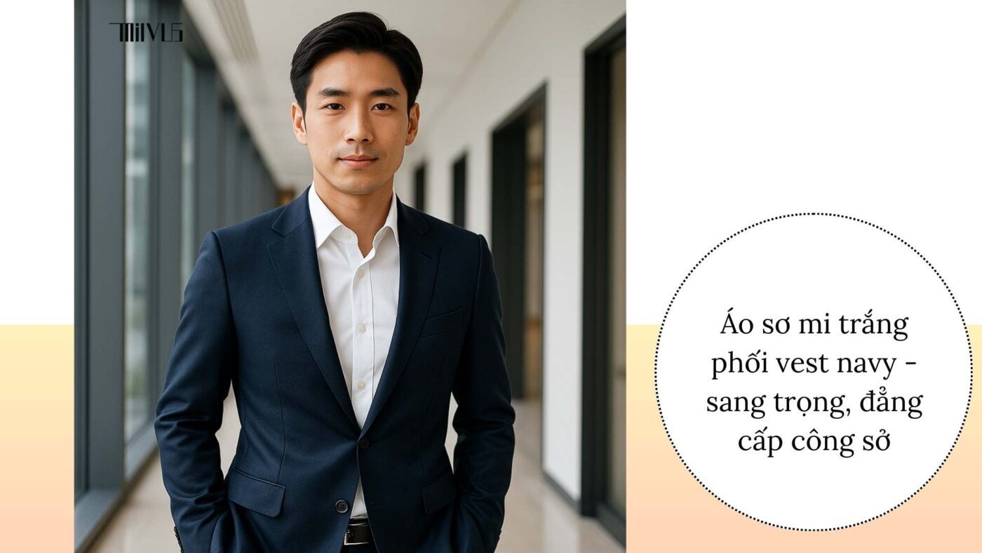 Áo sơ mi trắng không bai – phối vest navy, sang trọng, đẳng cấp công sở