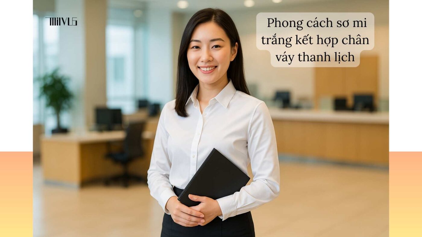 Áo sơ mi trắng cho nhân viên ngân hàng – kết hợp chân váy thanh lịch, hiện đại.