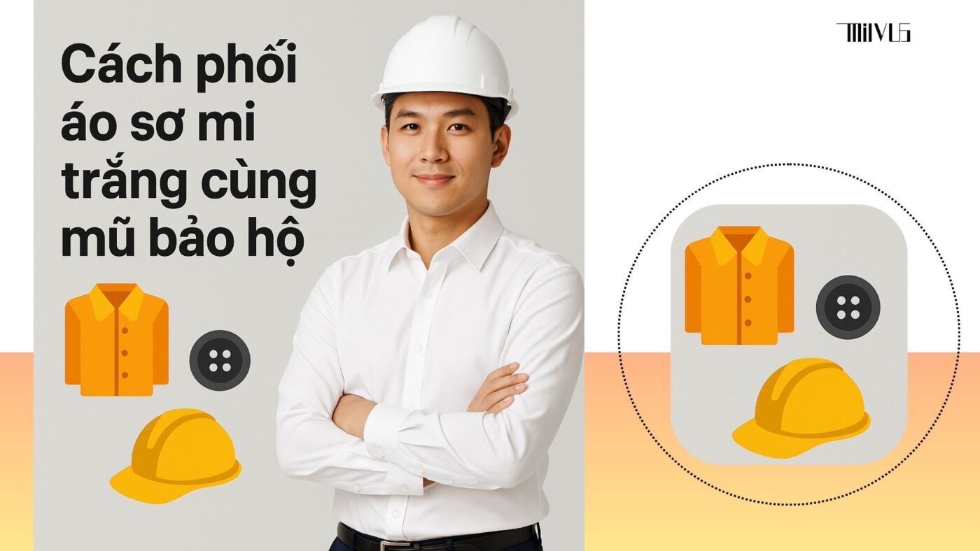 Áo sơ mi trắng cho kỹ sư – phối hợp mũ bảo hộ an toàn, chuyên nghiệp.