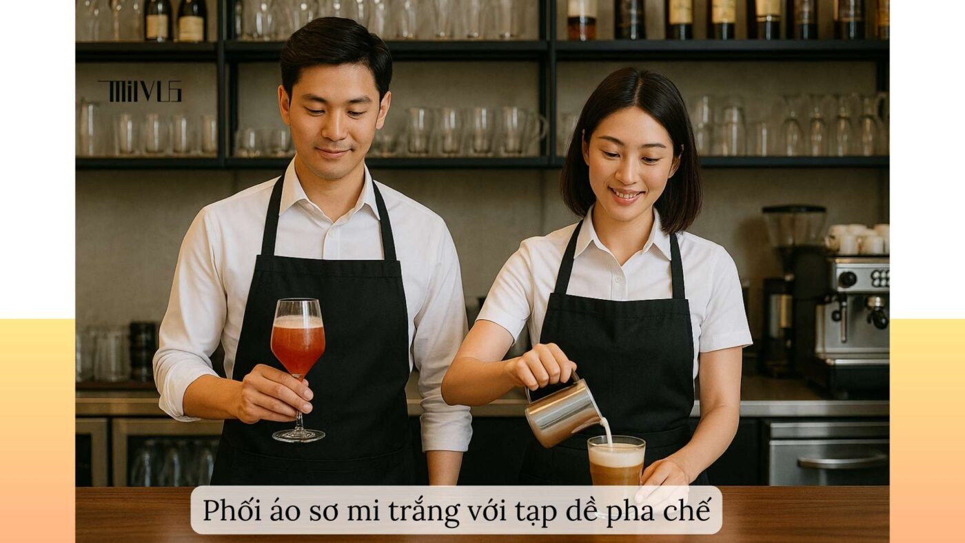 "Áo sơ mi trắng cho nhân viên pha chế – kết hợp tạp dề đồng bộ thương hiệu.