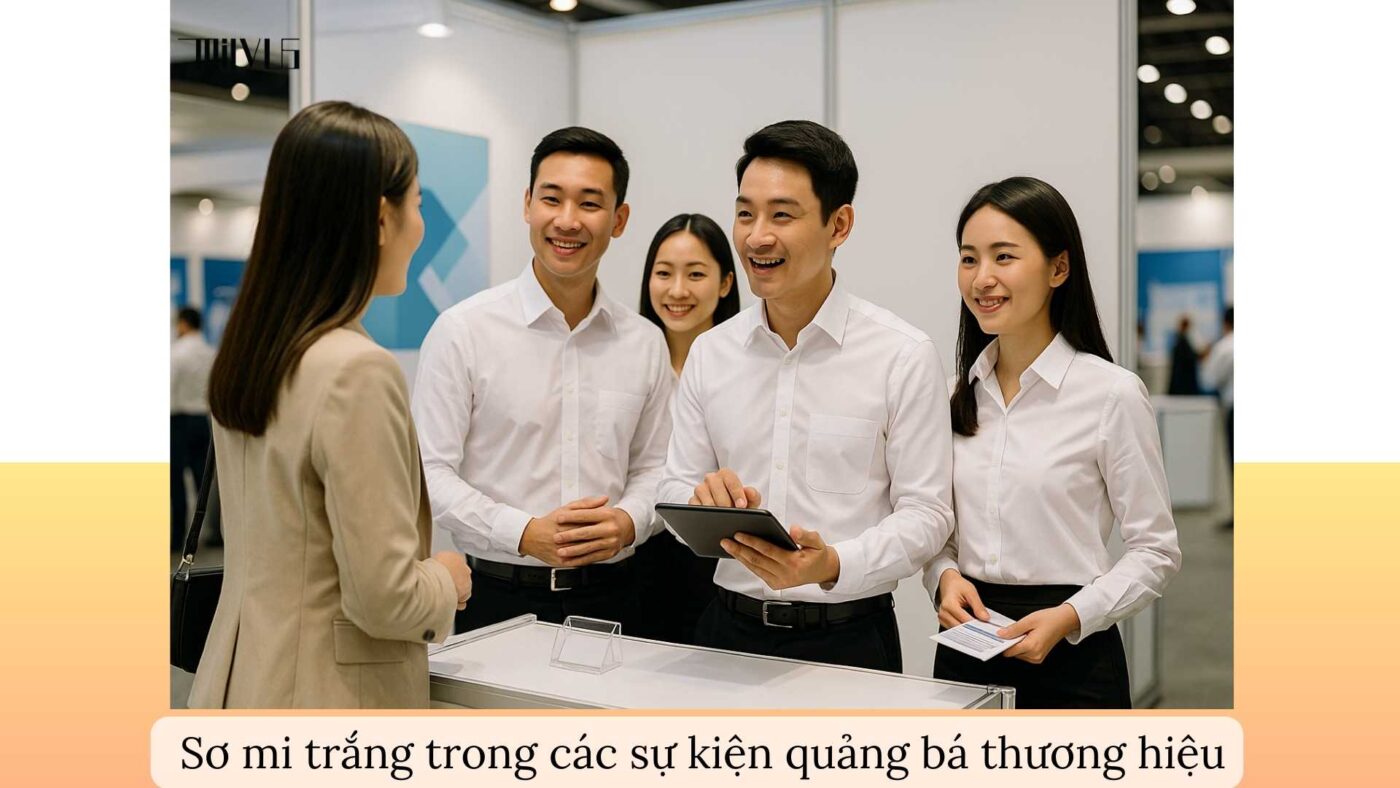Áo sơ mi trắng cho nhân viên marketing – đồng bộ trong sự kiện quảng bá.