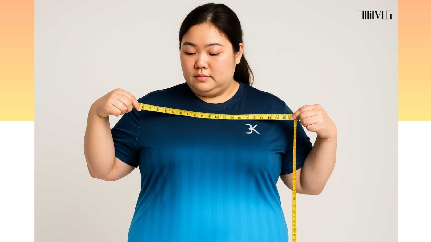 Người mẫu châu Á mặc áo thun thể thao big size minh họa cách đo vòng ngực và vai để chọn size phù hợp