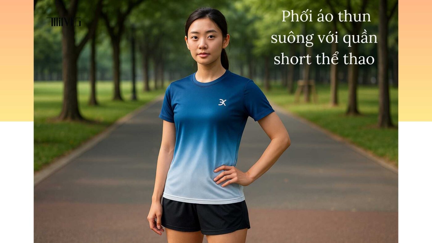 Người mẫu nữ châu Á mặc áo thun thể thao suông xanh trắng, kết hợp quần short và giày sneaker, tạo outfit năng động ngoài trời.