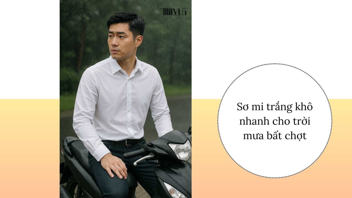 Áo sơ mi trắng cho người mặc đi xe máy nhiều – vải khô nhanh, tiện lợi khi gặp mưa.
