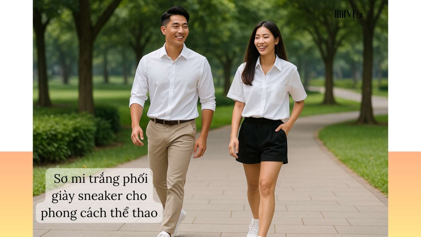 Áo sơ mi trắng cho người có da ngăm phối sneaker – thể thao, năng động, trẻ trung